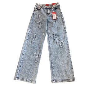 BlueFox Collective Cross Embroidery Wide Leg Jeans Acid Wash Light Blue Size 1